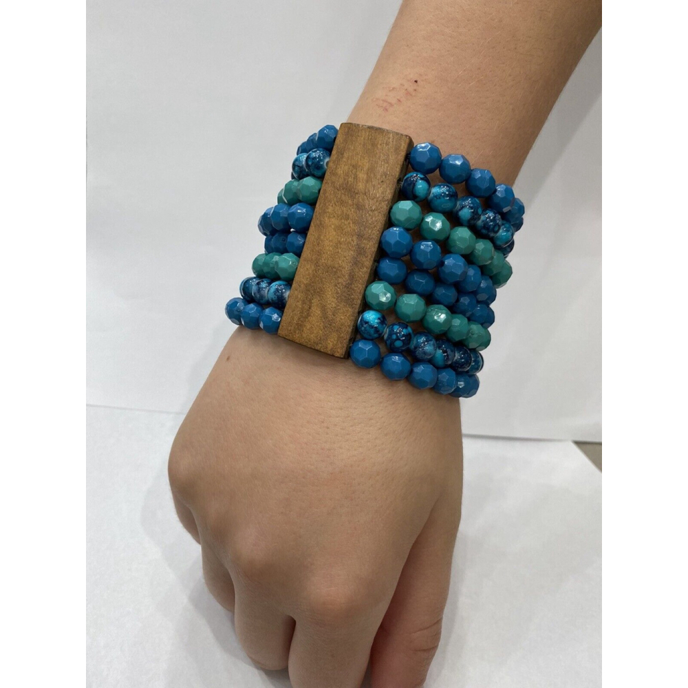 Stretchy Beaded Plastic And Wood Elastic Bracelet Blue And Brown